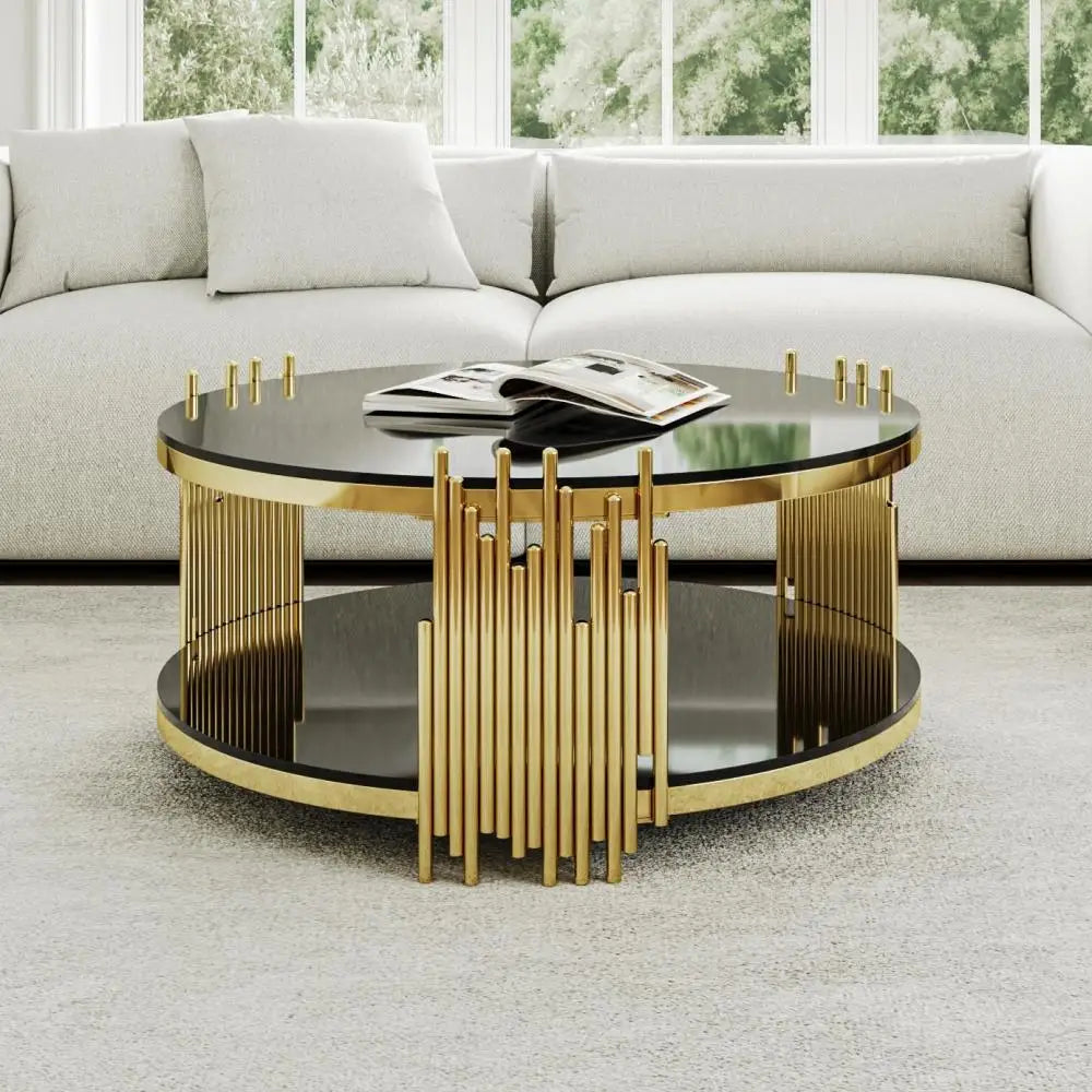 Table Basse Ronde Verre Noir & Métal Doré – Élégance Luxe Accessible pour Salon
