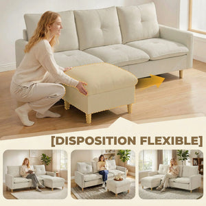Canapé 3 Places Lin Crème – Angle Ajustable & Rangement Intégré