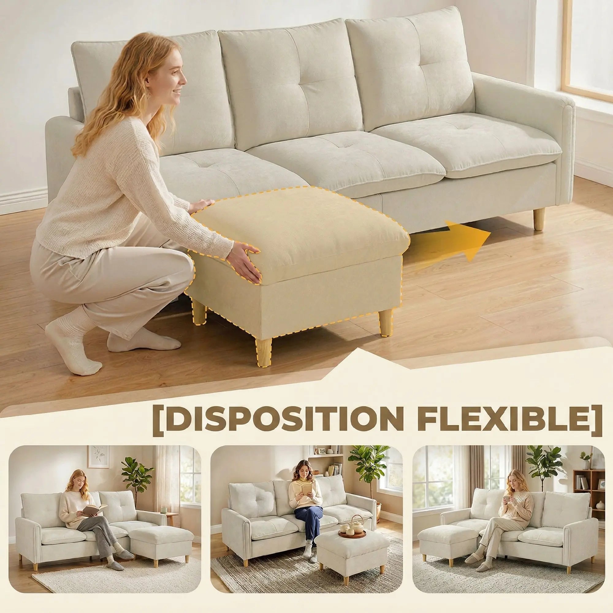 Canapé HOMCOM 3 Places Lin Crème avec Pouf de Rangement & Angle Ajustable