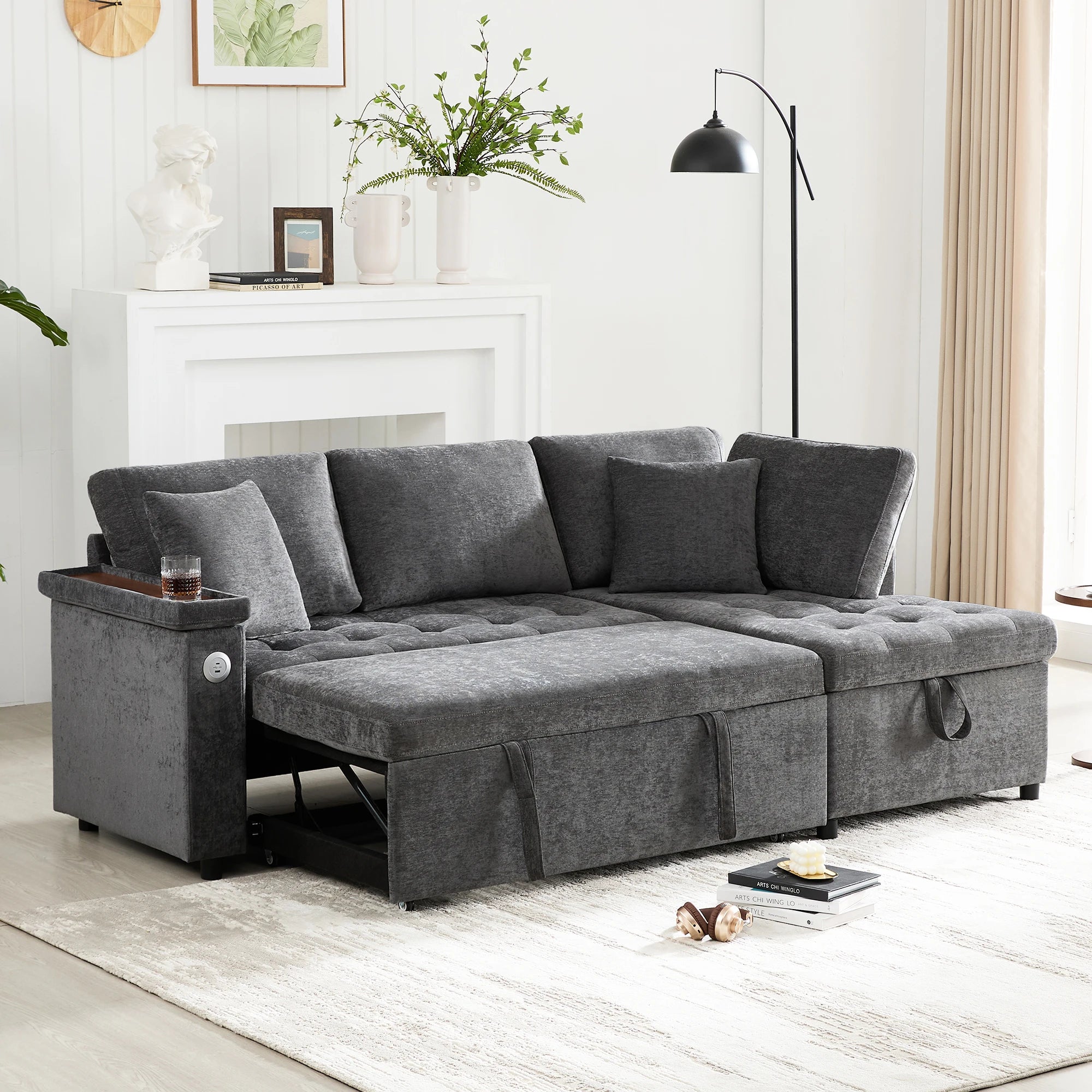 Canapé d'Angle Convertible 3-4 Places Chenille Gris Foncé avec Coffre, USB & Porte-Gobelet