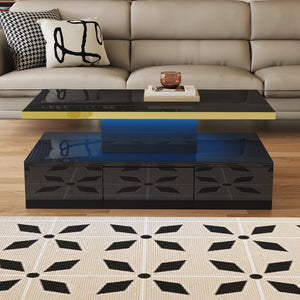 Table Basse Haute Brillance – Tiroirs, LED et 2 Niveaux de Rangement