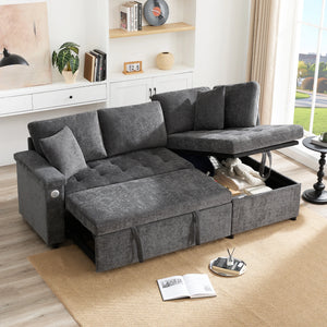 Canapé d'Angle Convertible 3-4 Places Chenille Gris Foncé – Coffre de Rangement & USB