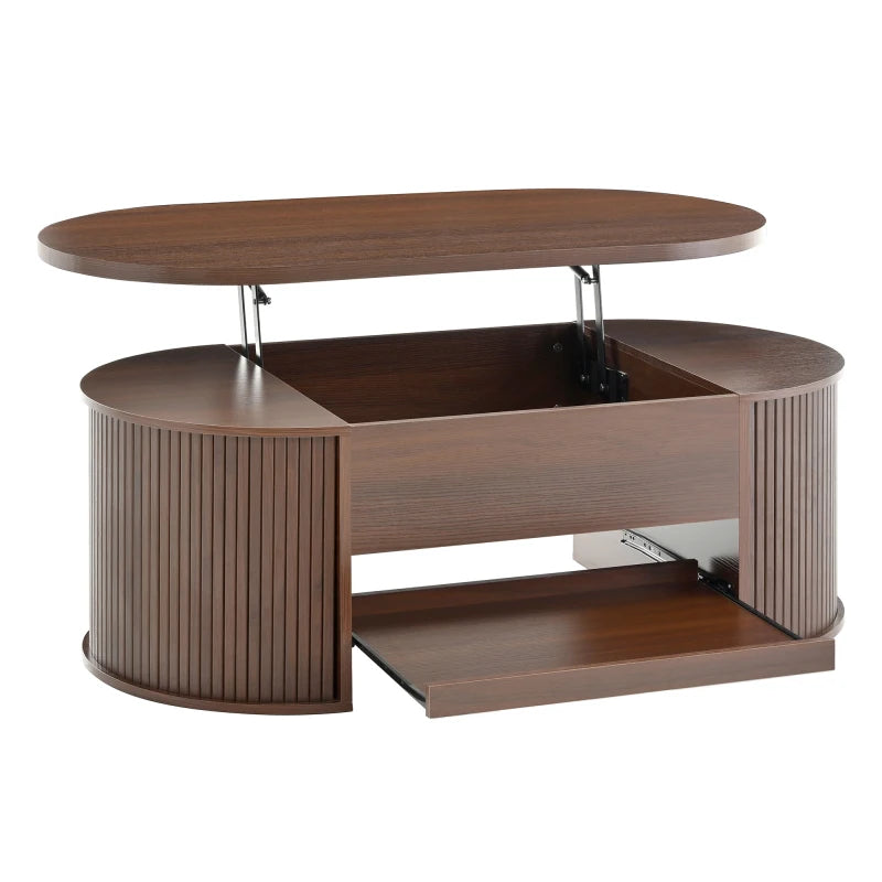 Table Basse Relevable en Bois Courbé avec Étagère Coulissante – Design Chaleureux Multifonction