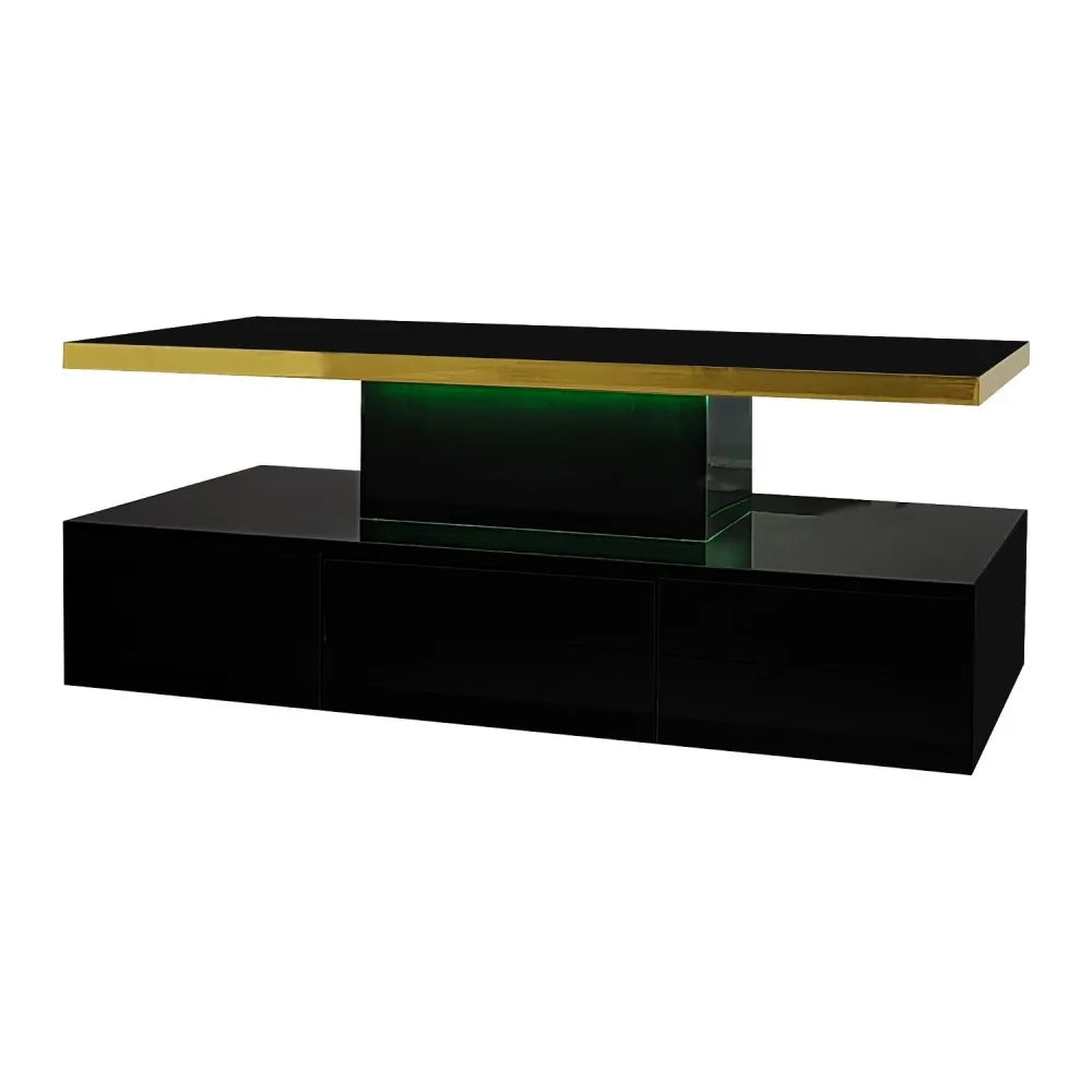 Table Basse PINGGO Haute Brillance avec Tiroirs & LED – 2 Niveaux de Rangement