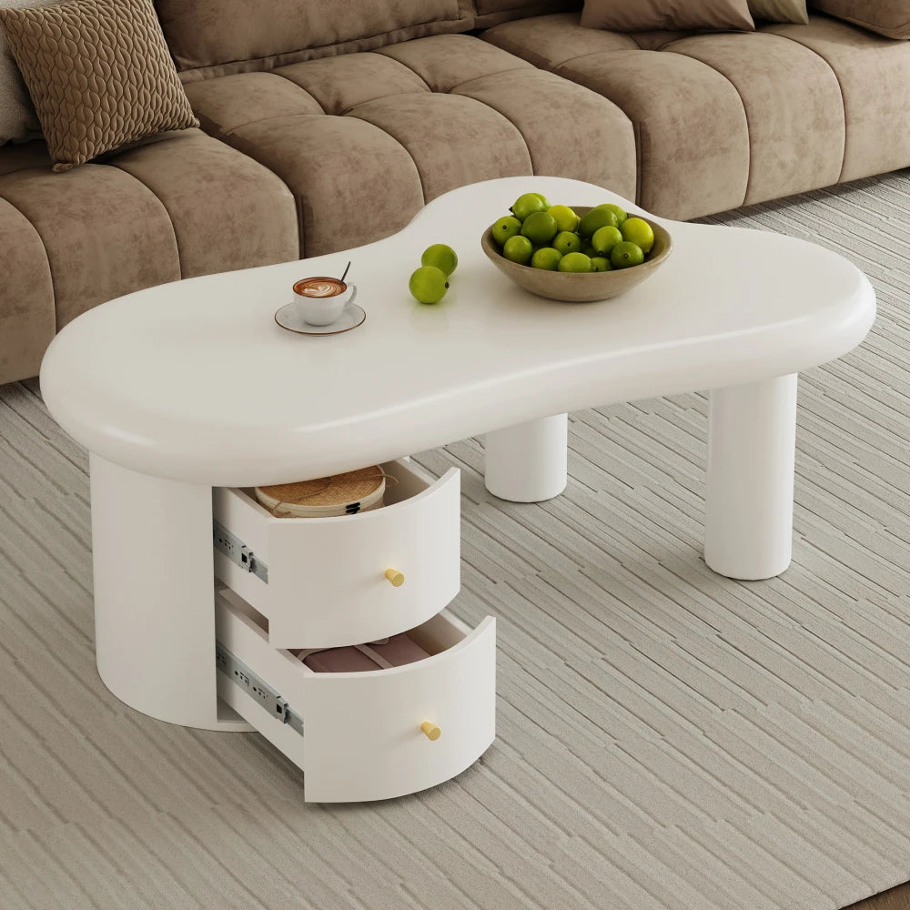 Table Basse Blanche Forme Irrégulière PINGGO avec 2 Tiroirs – Design Original Gain de Place