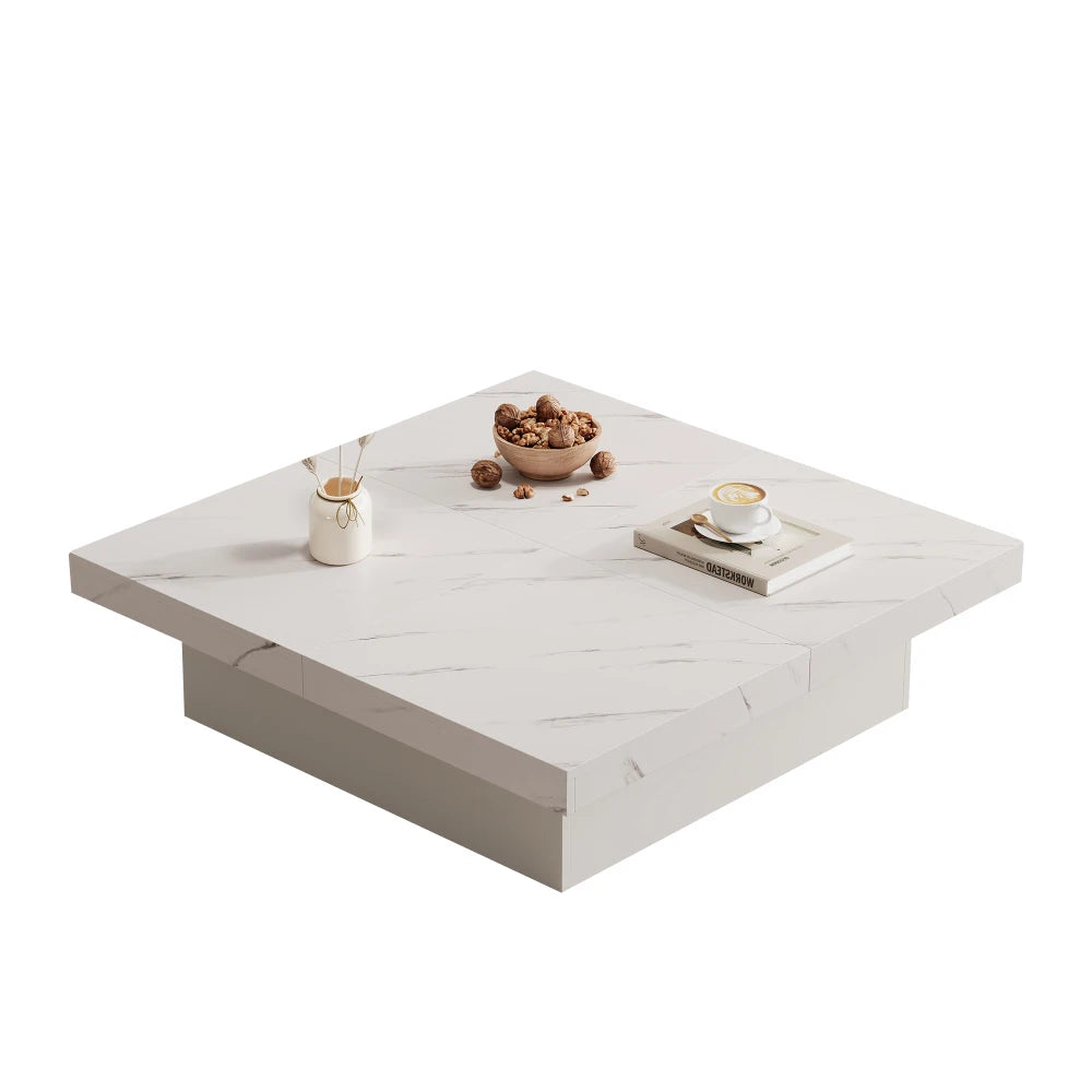 Table Basse Carrée Noire 90x90cm à 4 Tiroirs – Plateau Coulissant, Design Marbré Chic