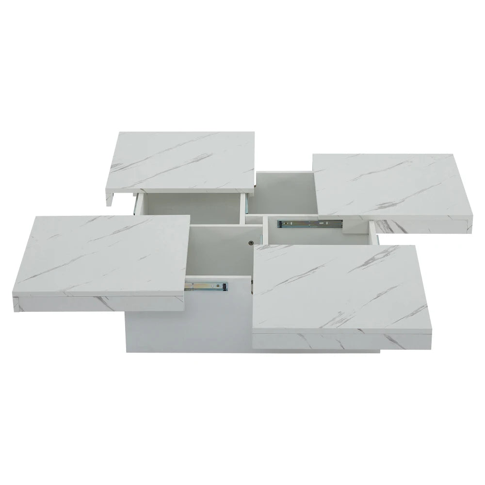 Table Basse Carrée Noire 90x90cm à 4 Tiroirs – Plateau Coulissant, Design Marbré Chic