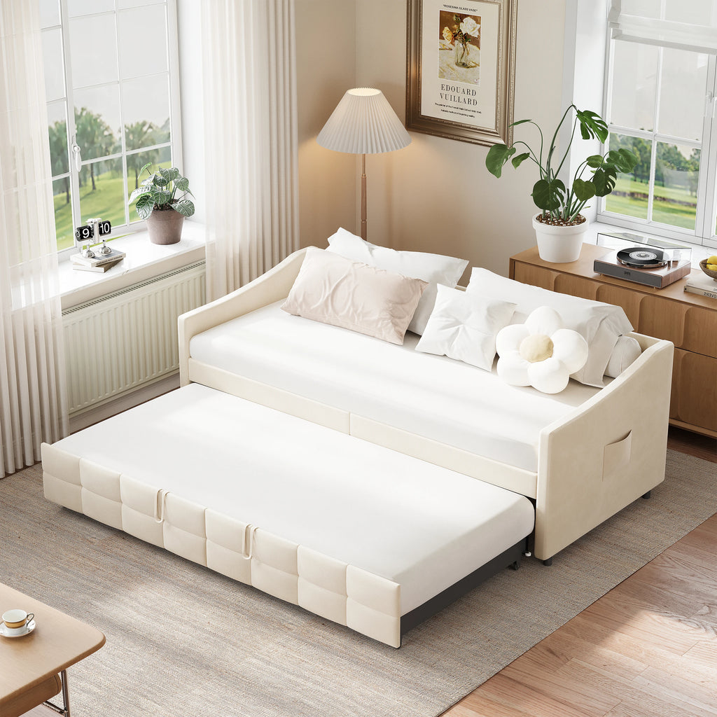 Canapé-Lit Superaly Velours Crème 90x200cm avec Rangement – Design Nordique Minimaliste