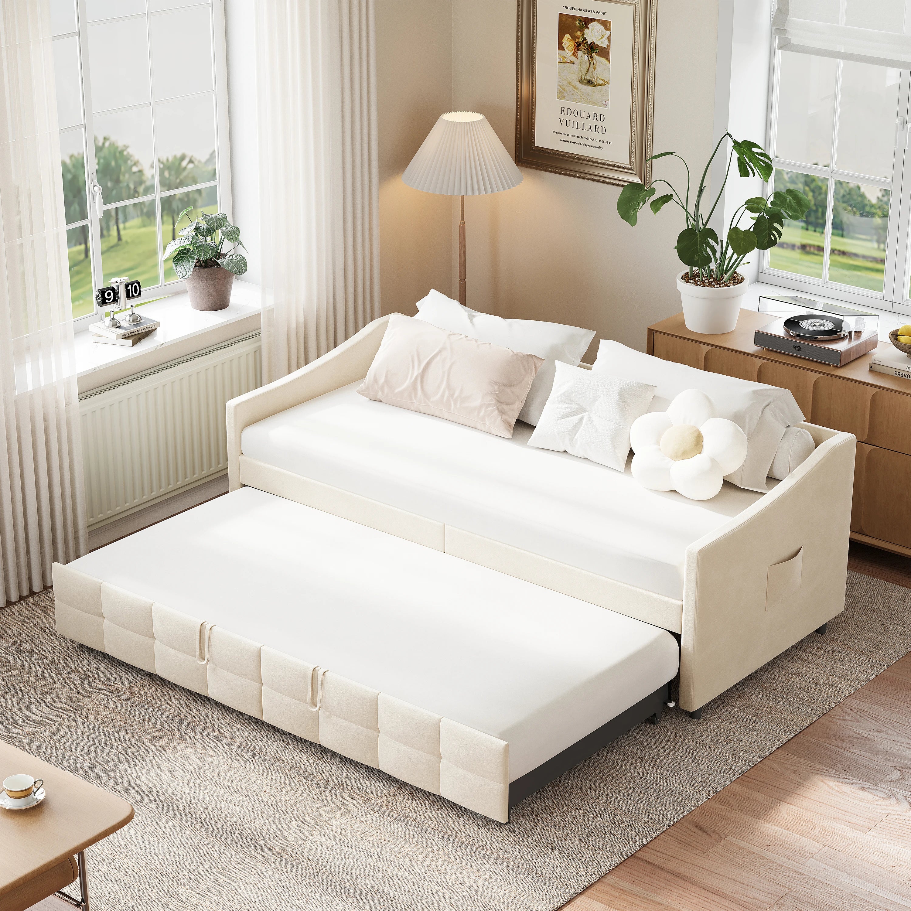 Canapé-Lit Superaly Velours Crème 90x200cm avec Rangement – Design Nordique Minimaliste