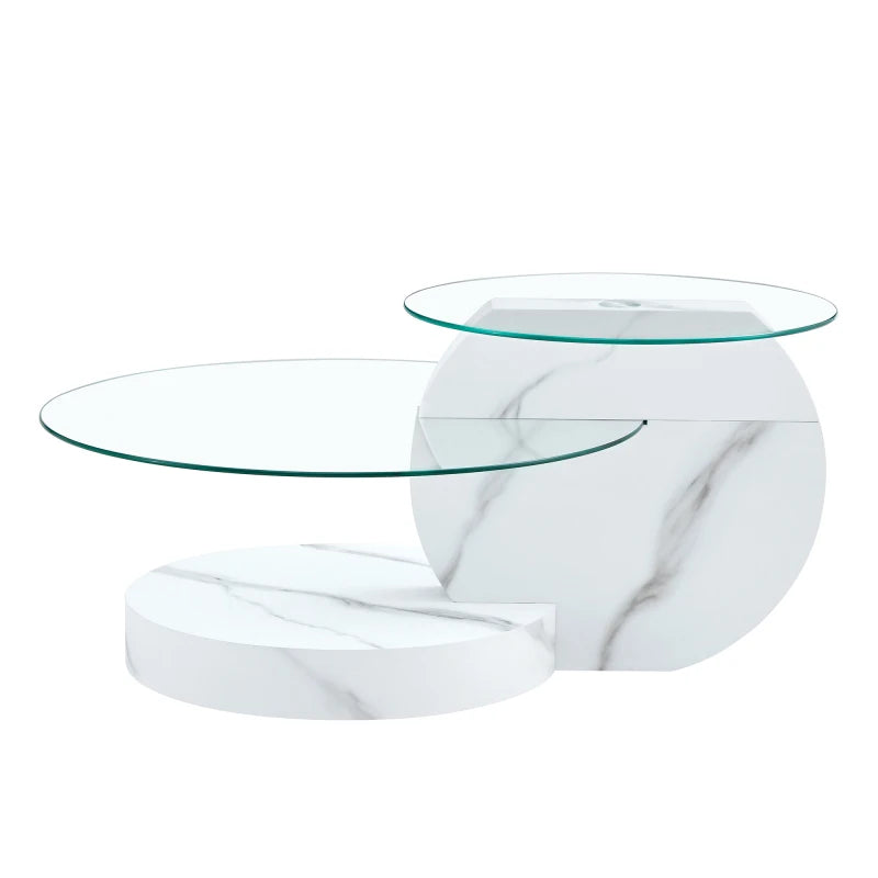 Table Basse Verre Sécurisé Multi-Niveaux Effet Marbre Blanc – Design Minimaliste Élégant