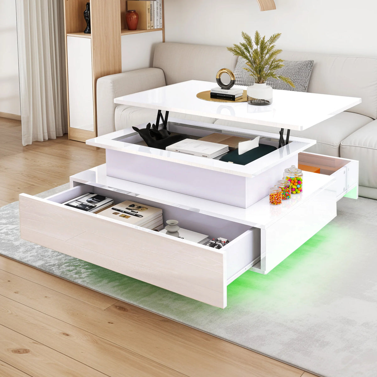 Table Basse Relevable Balconera LED – Plateau Ajustable, 2 Tiroirs de Rangement