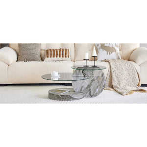 Table Basse Verre Trempé Effet Marbre Gris à Deux Niveaux – Design Minimaliste Moderne