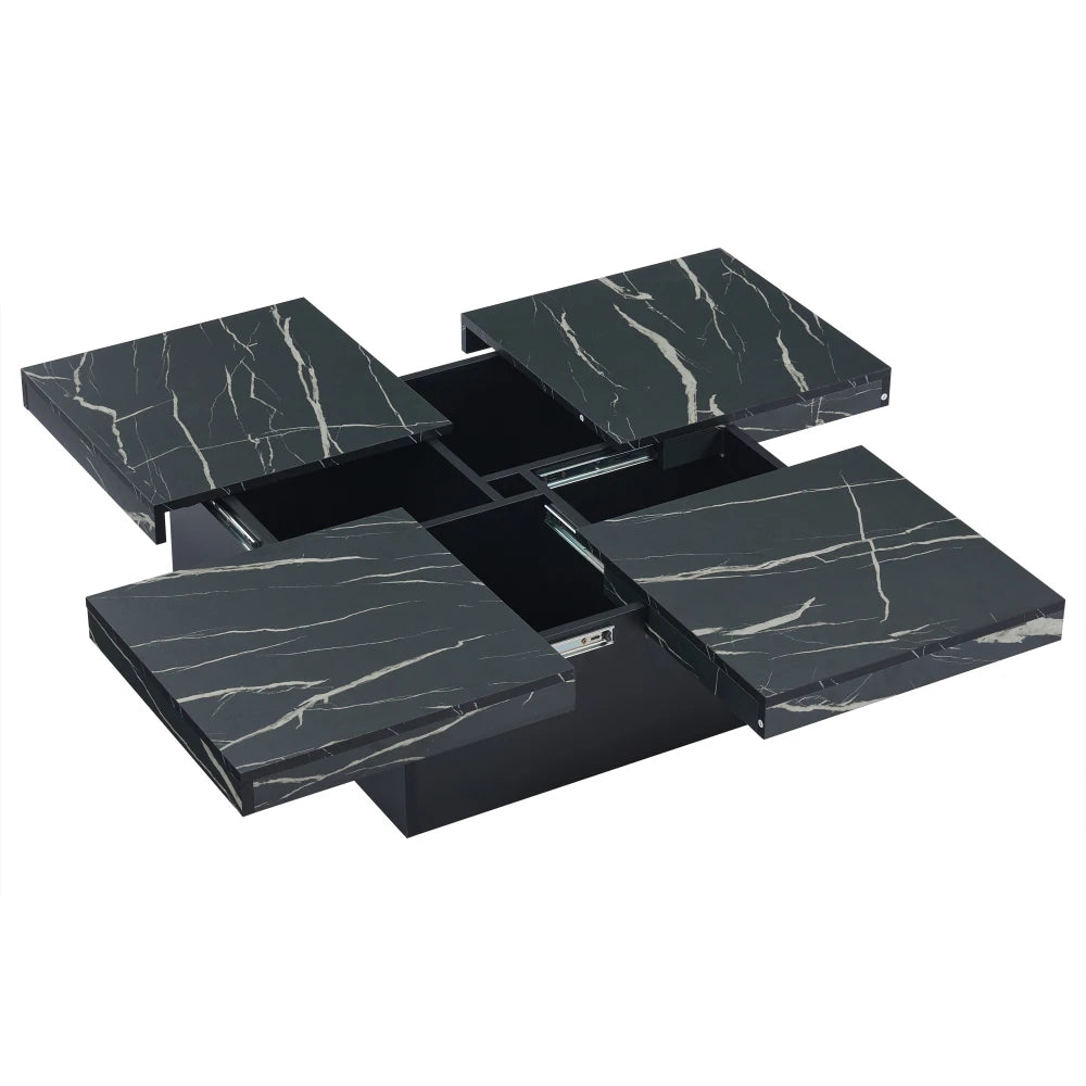 Table Basse Carrée Noire 90x90cm à 4 Tiroirs – Plateau Coulissant, Design Marbré Chic