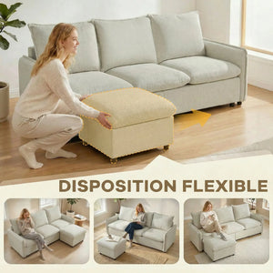 Canapé 3 Places 212cm Lin Crème – Confort Familial avec Pouf de Rangement