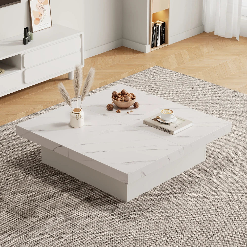 Table Basse Carrée Noire 90x90cm à 4 Tiroirs – Plateau Coulissant, Design Marbré Chic