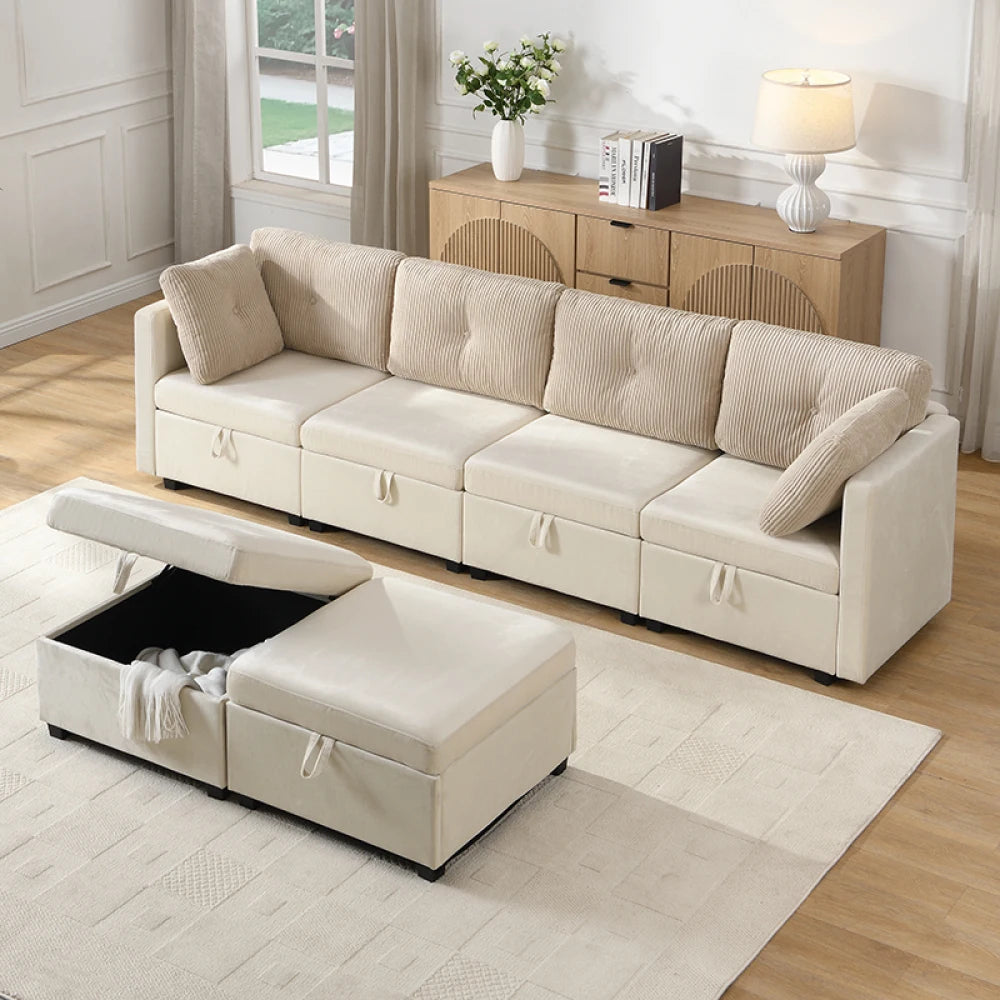 Canapé Modulaire en U avec Espace de Rangement – Velours & Cordon, Confort Haute Densité