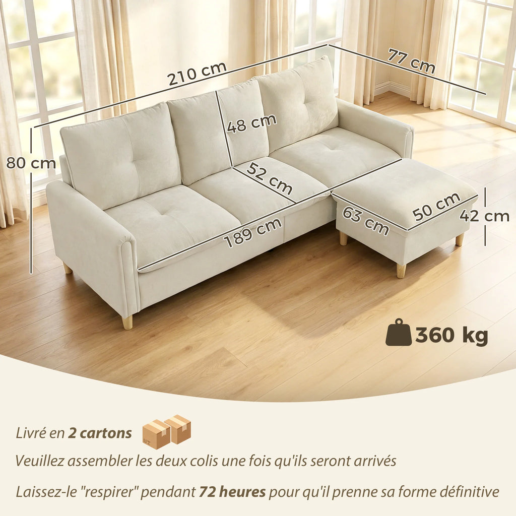 Canapé HOMCOM 3 Places Lin Crème avec Pouf de Rangement & Angle Ajustable