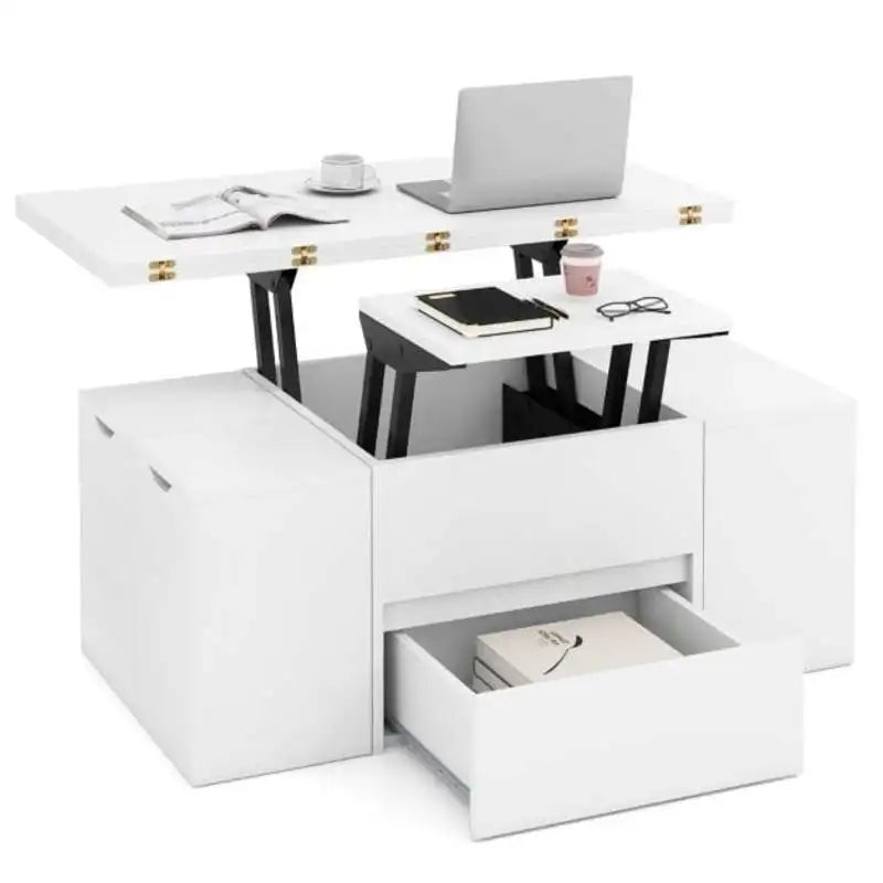 Table Basse Relevable Blanche avec 4 Tabourets – Idéale pour Recevoir vos Invités