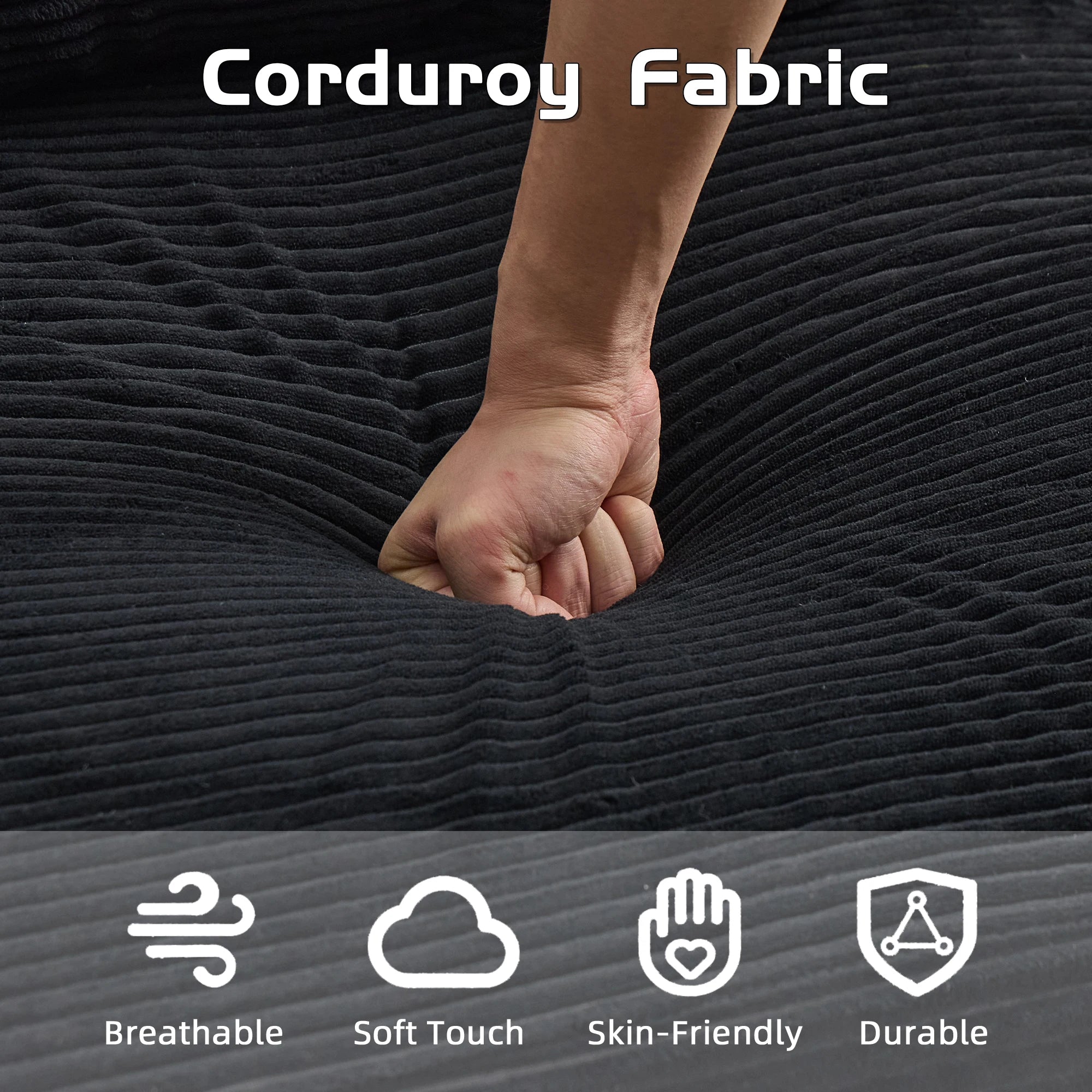 Canapé Modulaire 3 Places Corduroy Noir avec Porte-Gobelet – Sans Montage, Confort Haute Densité