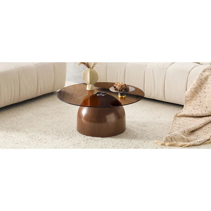 Table Basse Ronde en Verre Trempé Base Effet Noyer Ø70cm – Élégance Naturelle