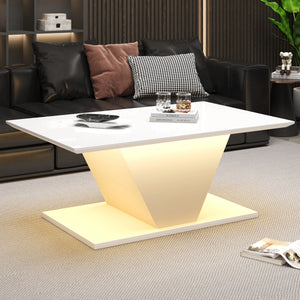 Table Basse Design Blanc Brillant Forme en V avec LED – Pièce Sculpturale pour le Salon