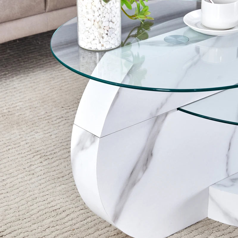 Table Basse Verre Sécurisé Multi-Niveaux Effet Marbre Blanc – Design Minimaliste Élégant