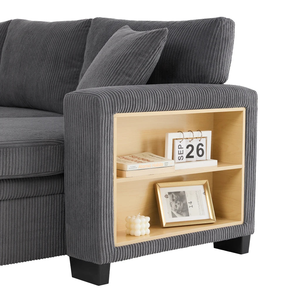 Canapé d'Angle Convertible PINGGO 3 Places avec USB & Étagères Latérales – Fonctionnel & Confortable