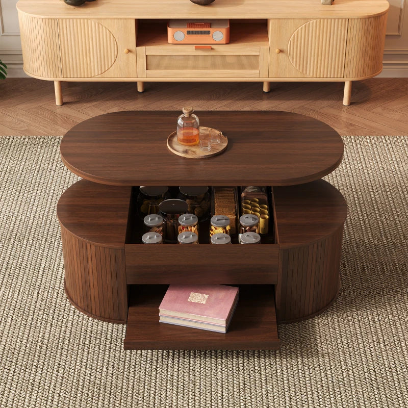 Table Basse Relevable en Bois Courbé avec Étagère Coulissante – Design Chaleureux Multifonction