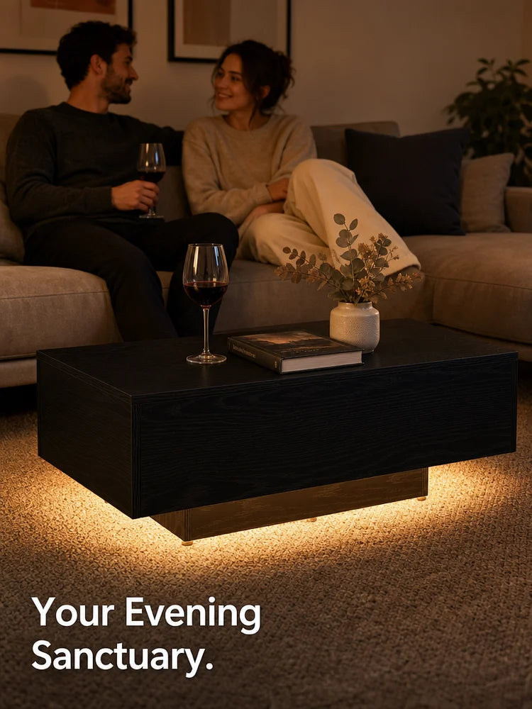Table Basse LED Bois Massif Finition Chêne Noir 85x55cm – Élégance Naturelle pour Salon
