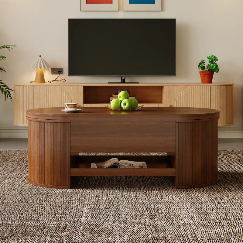 Table Basse Relevable en Bois Courbé avec Étagère Coulissante – Design Chaleureux Multifonction