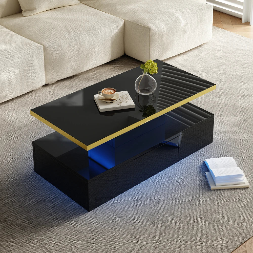 Table Basse PINGGO Haute Brillance avec Tiroirs & LED – 2 Niveaux de Rangement