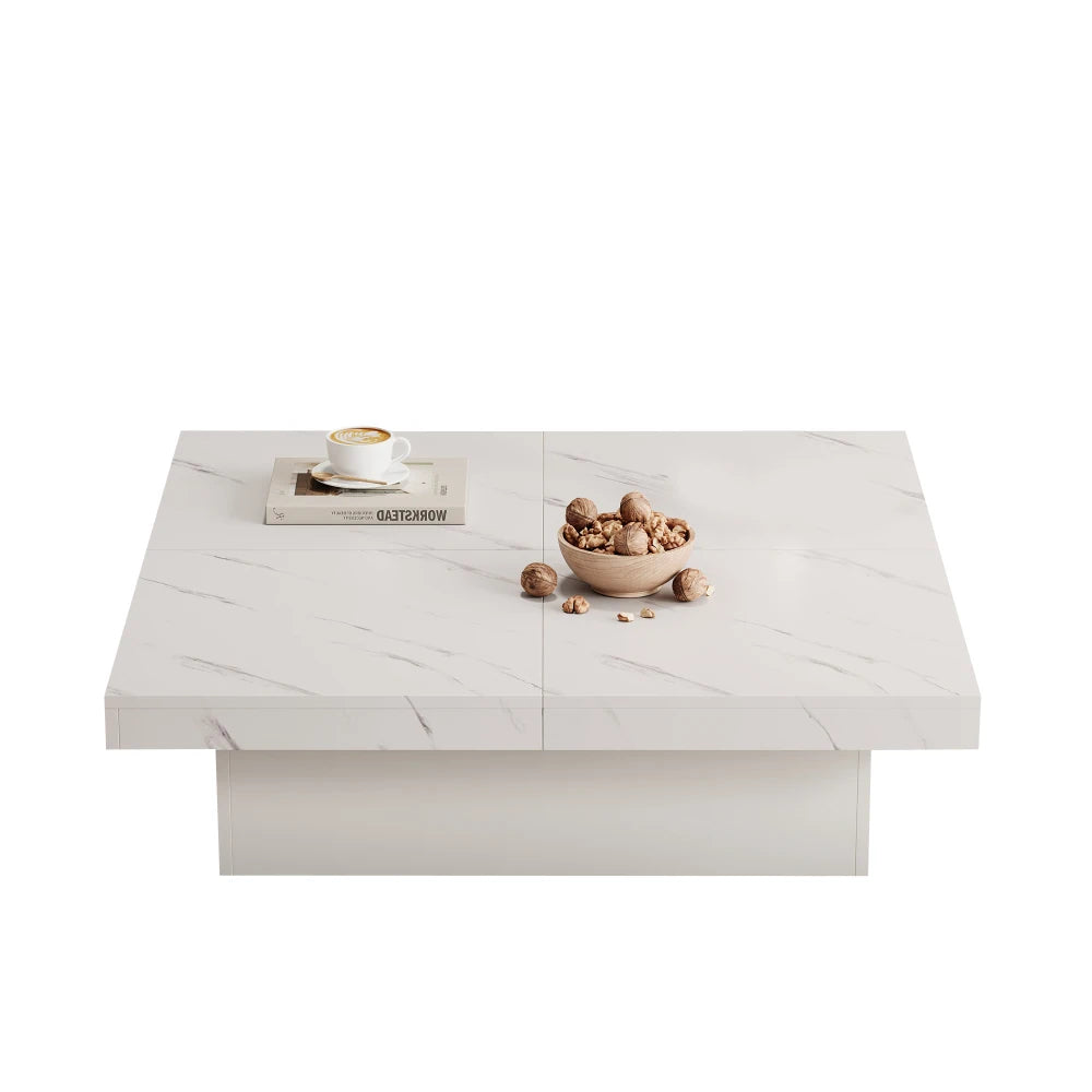 Table Basse Carrée Noire 90x90cm à 4 Tiroirs – Plateau Coulissant, Design Marbré Chic