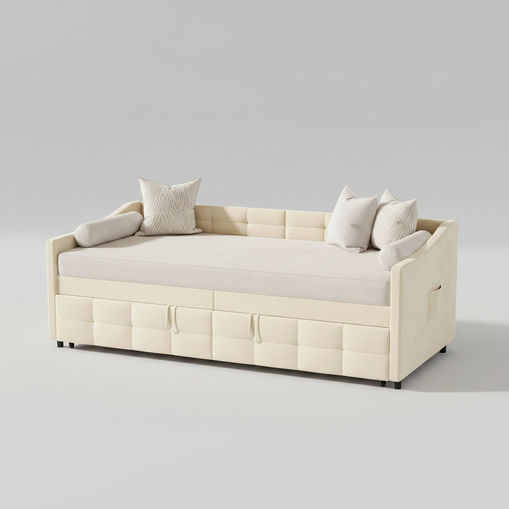 Canapé-Lit Superaly Velours Crème 90x200cm avec Rangement – Design Nordique Minimaliste