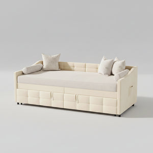 Canapé-Lit Velours Crème 90x200cm – Design Nordique avec Rangement