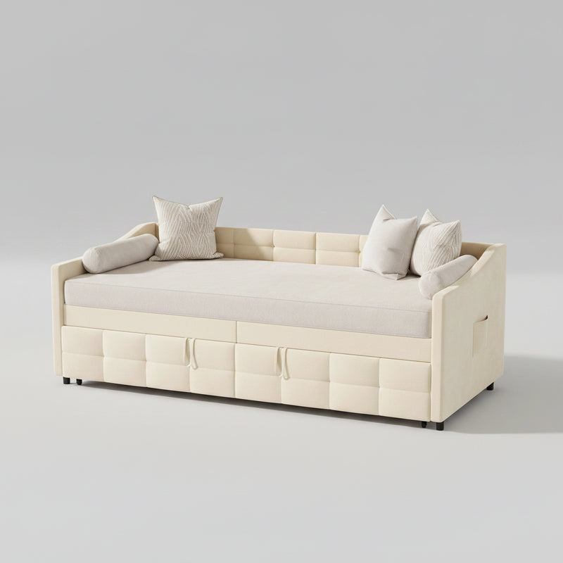 Canapé-Lit Velours Crème 90x200cm – Design Nordique avec Rangement