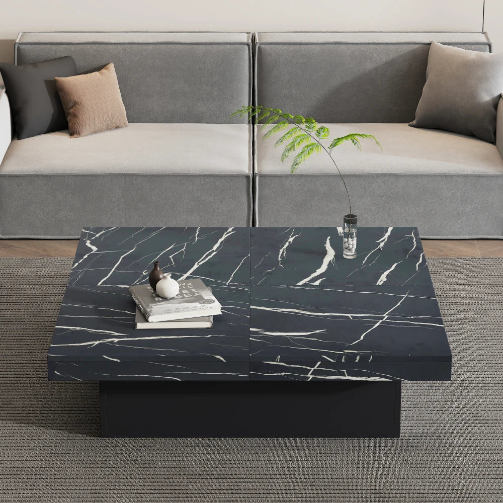 Table Basse Carrée Noire 90x90cm à 4 Tiroirs – Plateau Coulissant, Design Marbré Chic