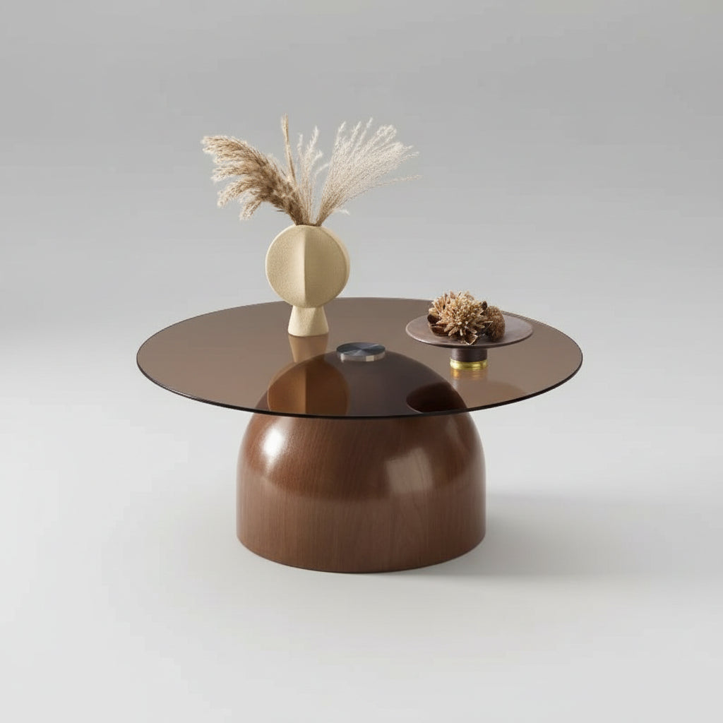 Table Basse Ronde Verre Trempé Base Noyer Ø70cm – Élégance Naturelle pour le Salon