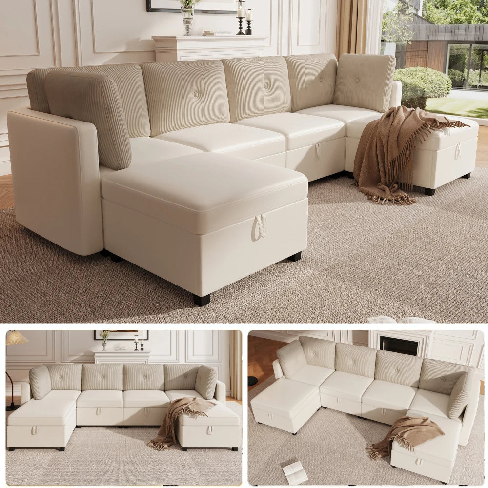Canapé Modulaire en U avec Espace de Rangement – Velours & Cordon, Confort Haute Densité