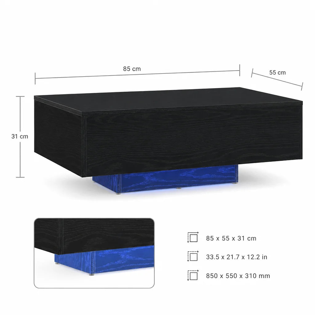 Table Basse LED Bois Massif Finition Chêne Noir 85x55cm – Élégance Naturelle pour Salon