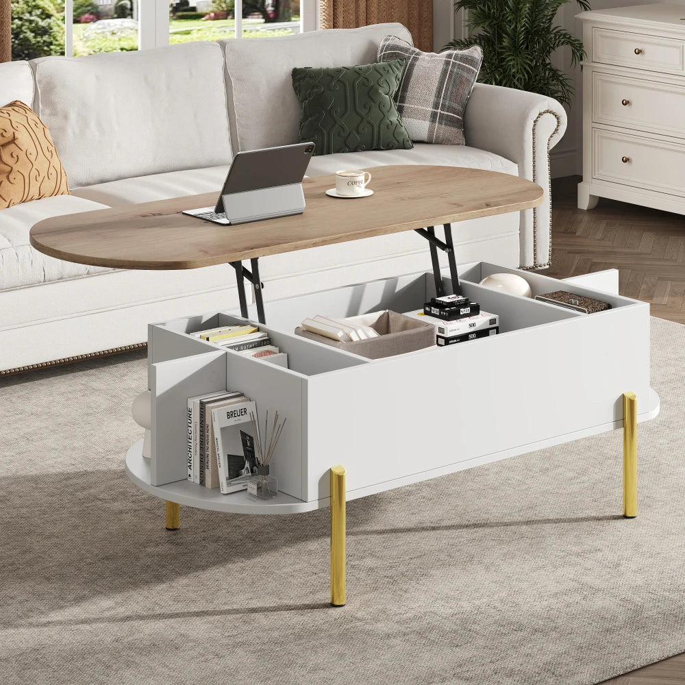 Table Basse Ajustable en Hauteur 120x50cm – 7 Espaces de Rangement pour la Famille