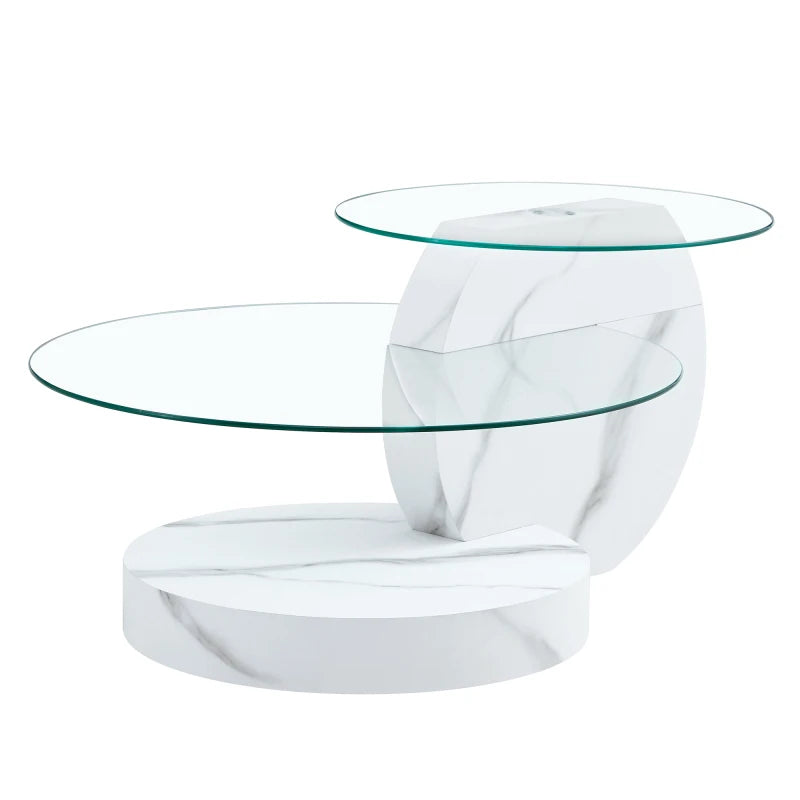 Table Basse Verre Sécurisé Multi-Niveaux Effet Marbre Blanc – Design Minimaliste Élégant