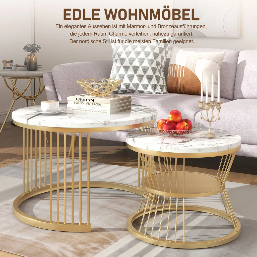 Duo de Tables Gigognes Marbre & Laiton Doré – Élégance Intemporelle pour Salon Cocooning