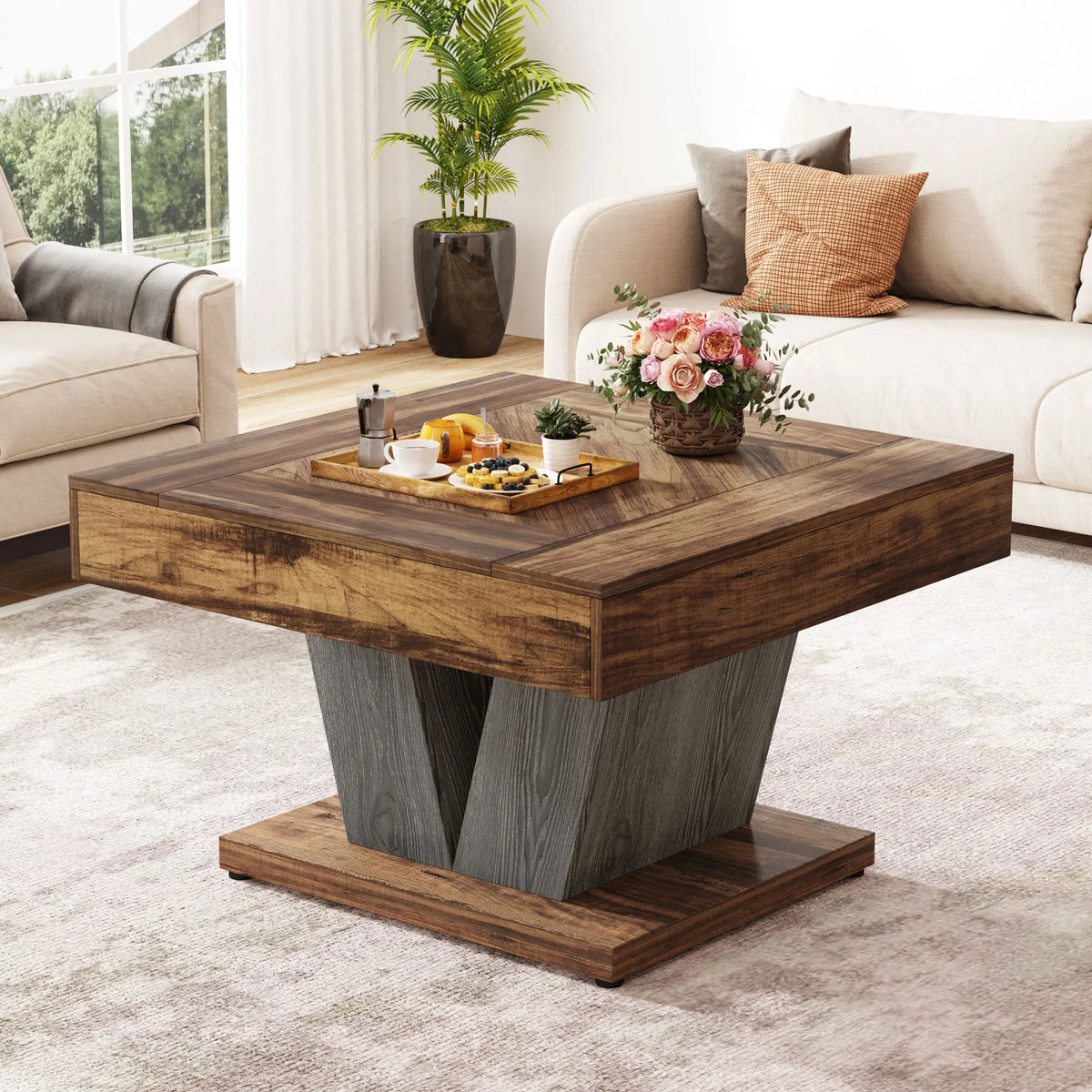 Table Basse Carrée 80cm – Bois Solide, Style Rustique Chaleureux