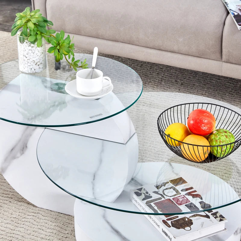 Table Basse Verre Sécurisé Multi-Niveaux Effet Marbre Blanc – Design Minimaliste Élégant