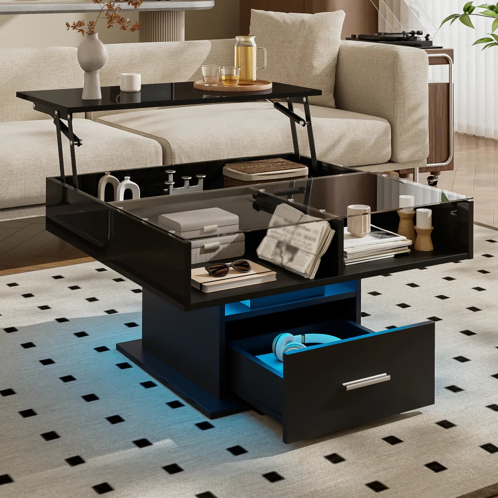 Table Basse Relevable Multifonction Laquée avec LED – Hauteur Ajustable & Rangement Astucieux