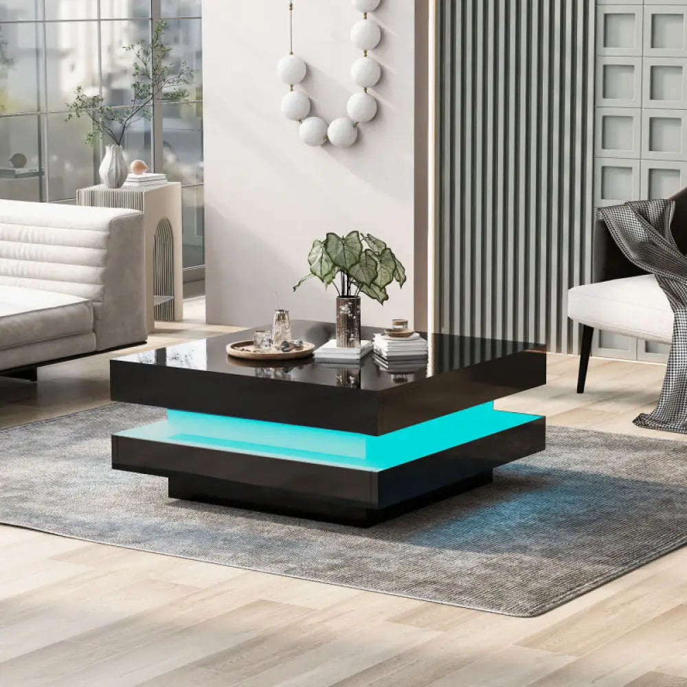 Table Basse Carrée Noire LED Multicolores 70x70cm – Design Moderne pour Salon Contemporain