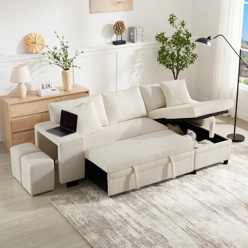 Canapé d'Angle Convertible PINGGO 3 Places avec USB & Étagères Latérales – Fonctionnel & Confortable