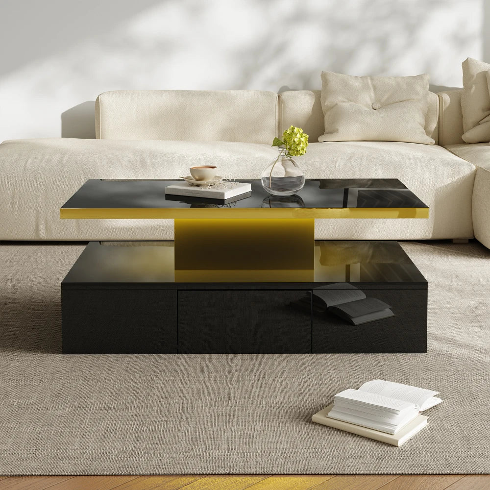 Table Basse PINGGO Haute Brillance avec Tiroirs & LED – 2 Niveaux de Rangement