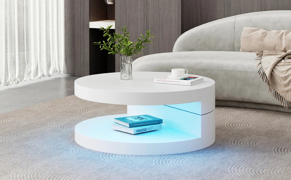 Table Basse Ronde Blanche Pivotante 360° avec LED – Design Cylindrique Moderne 70x70cm