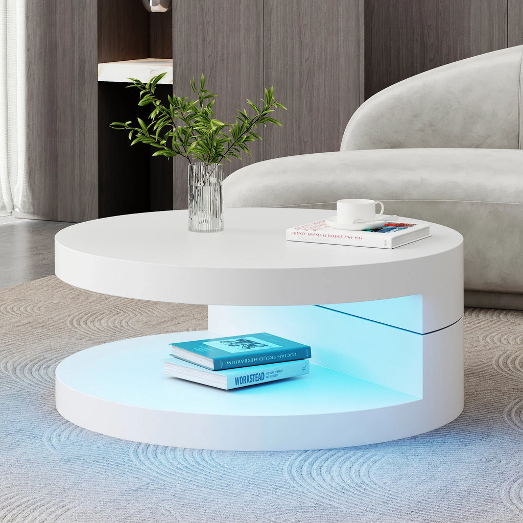 Table Basse Ronde Blanche Pivotante 360° avec LED – Design Cylindrique Moderne 70x70cm